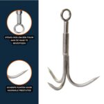 RVS grijphaak met drie scherpe punten en stevig oog voor touwbevestiging, ideaal om zware vondsten bij magneetvissen binnen te halen.