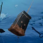 Sfeervolle illustratie van een vismagneet die onder water een modderige kluis omhoog trekt tijdens magneetvissen.