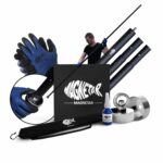 Pakket met een 360° allround 280kg easy magneet, met rond oog, inclusief 3x zwarte 1 meter stokken, opberghoes, blauwe waterdichte handschoenen en een zwarte Magnetar doos