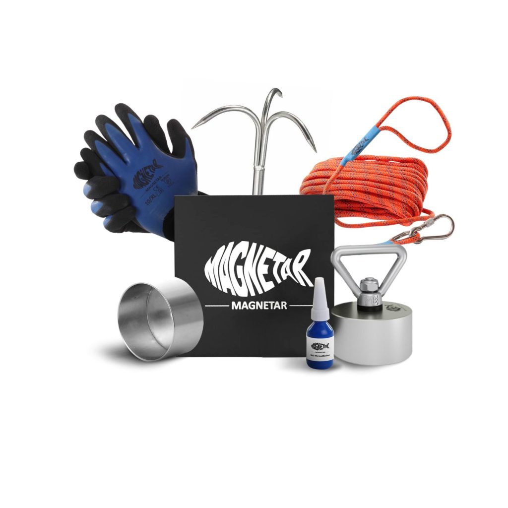 Magneetvissen pro pakket met een 360° allround 600kg Hardcore vismagneet, oranje touw, blauwe waterdichte handschoenen, dreghaak, beschermhoes en lijm
