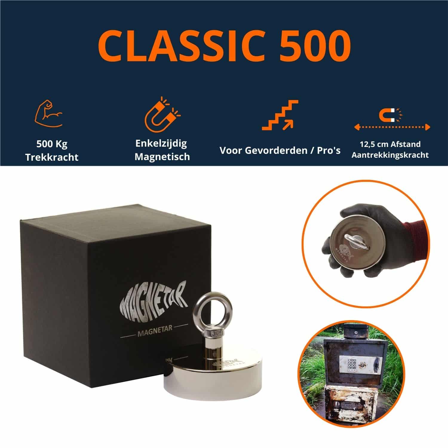 Classic 500 vismagneet met een rond oog, inclusief zwarte doos, 500kg trekkracht, enkelzijdig magnetisch, 12,5 cm afstands aantrekkingskracht, bedoeld voor gevorderden en pro's