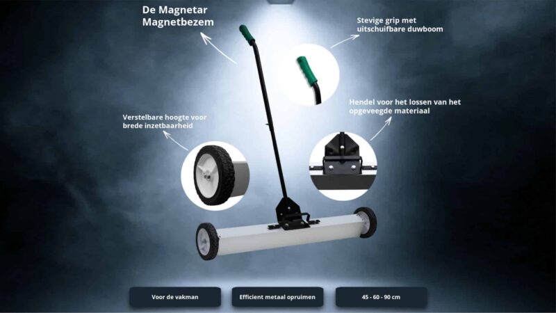 TEMPLATE Magneetbezem-5 Magnetar magneetbezem met verstelbare hoogte en wielen, ideaal voor efficiënt opruimen van spijkers, schroeven en metaalresten.