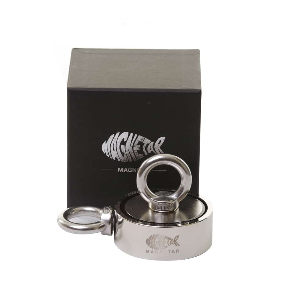 Dubbelzijdige neodymium vismagneet met ronde vorm en twee oogbouten, ideaal voor magneetvissen in wateren.