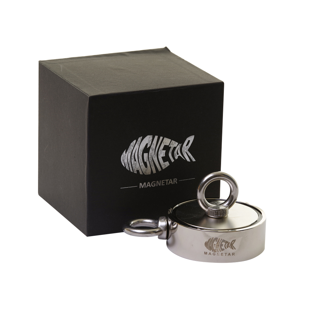 Dubbelzijdige 800kg vismagneet voor het magneetvissen, magneet met 2 ronde ogen, inclusief zwarte doos met Magnetar logo