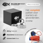 Productfoto van bulldog 800 pakket met 880 kg dubbelzijdige vismagneet, waterdichte handschoenen, sterk touw en borglijm.