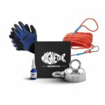 Magneetvis set met dubbelzijdige 800kg neodymium vismagneet, handschoenen, sterk touw en lijm in luxe Magnetar geschenkdoos.