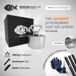 Productfoto van prikstok pakket 2.0 met 1000 kg allround 360° vismagneet, aluminium stok, handschoenen en opbergtas.