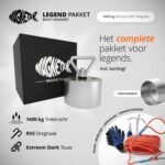 Productfoto van legend pakket met 1400 kg allround 360° vismagneet, RVS dreghaak, extreem sterk touw, handschoenen en borglijm.