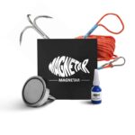 Vismagneet set met krachtige neodymium Classic 200 magneet, grijphaak, oranje touw en schroeflijm in luxe Magnetar geschenkdoos.