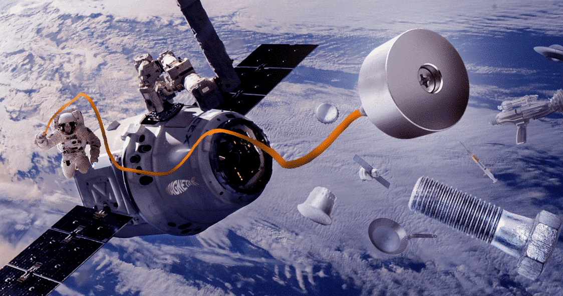 Reclamebanner met astronaut en neodymium allround 360 vismagneet in de ruimte