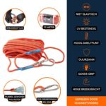 Oranje 20 meter magneetvis touw van dubbel geweven polyester met RVS karabijnhaak, hoge breekkracht en UV-bestendig.