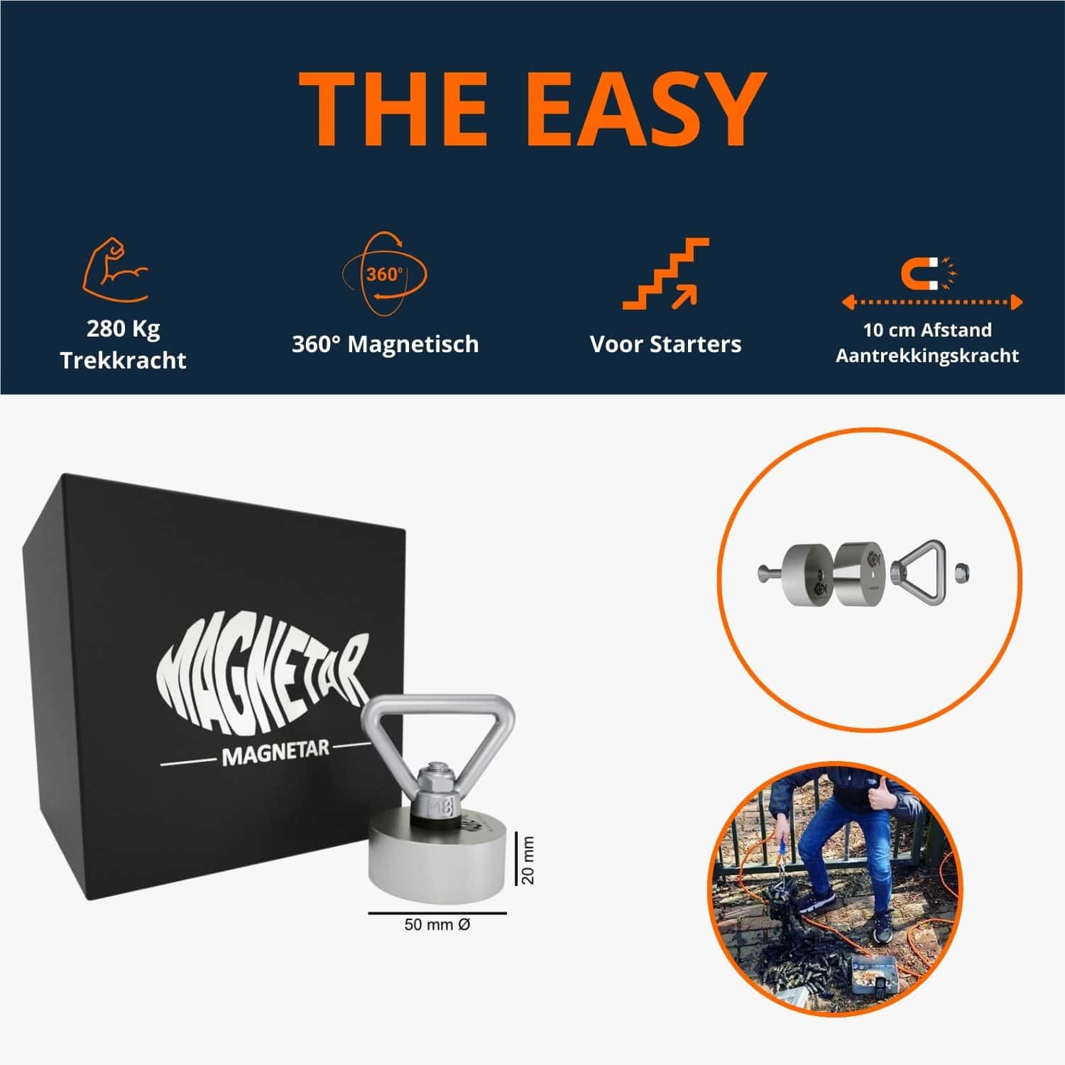 Compacte 360° neodymium vismagneet met 280 kg trekkracht en oogbout, perfect instapmodel voor beginnende magneetvissers.