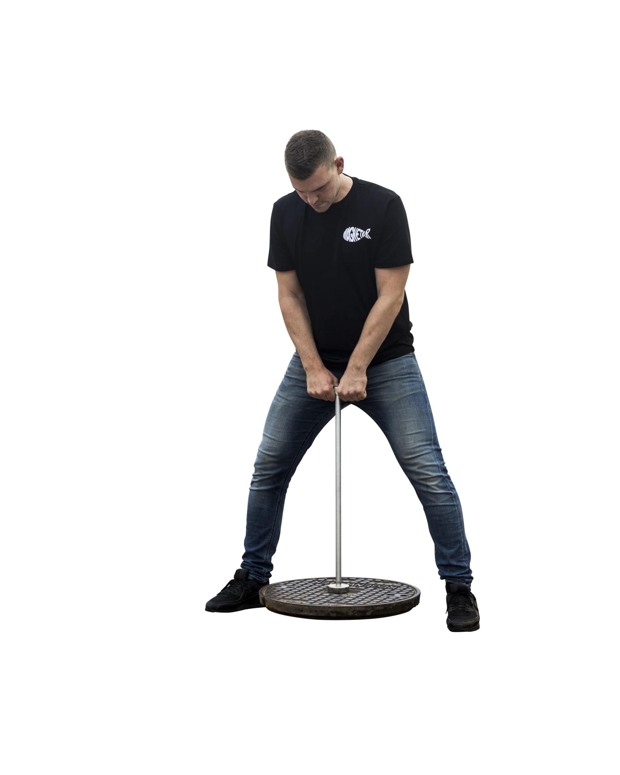 Productfoto van een putdeksellifter, gebruikt om putdeksels mee te tillen, magneet inclusief haak