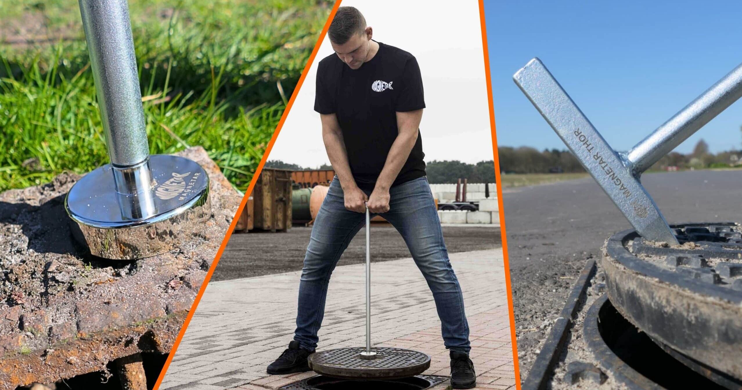 Man tilt rechtopstaand een zware putdeksel op met de Magnetar THOR putdeksellifter, zonder te bukken zoals bij een puthaak