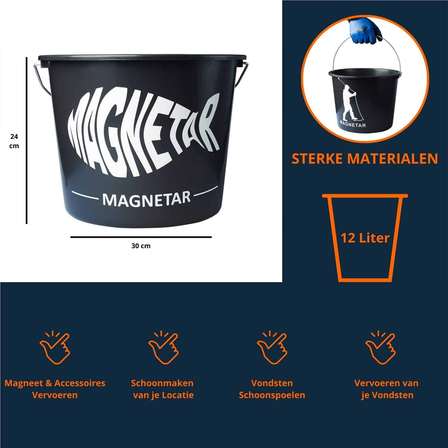 Emmer met dimensies (24cm x 30cm), inhoud (12 liter), de emmer bestaat uit sterke materialen, en is bedoelt om magneet en accessoires te vervoeren, om je magneetvis locatie schoon te maken, om vondsten schoon te spoelen en om vondsten te vervoeren