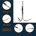 Dreghaak met schroefdraad, een closeup foto van de dreghaak en de punten op de haak worden uitgelicht, de haak is te gebruiken in combinatie met een prikstok en double impact