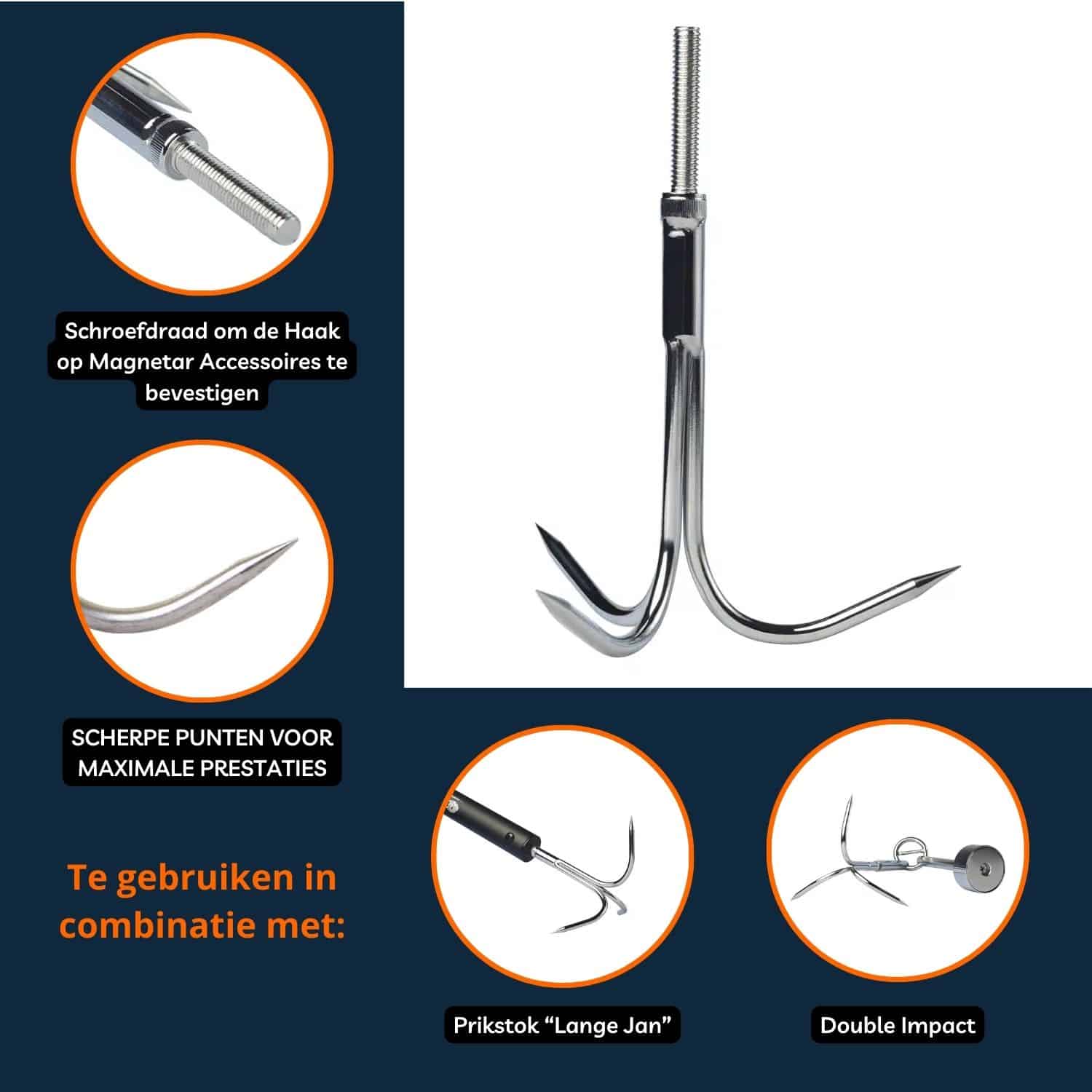 Dreghaak met schroefdraad, een closeup foto van de dreghaak en de punten op de haak worden uitgelicht, de haak is te gebruiken in combinatie met een prikstok en double impact