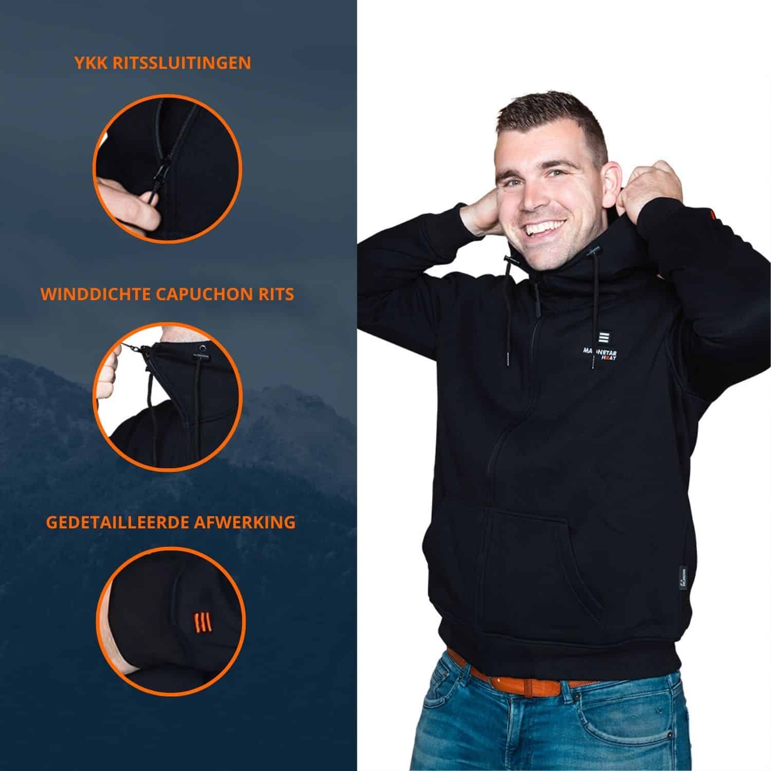 Blije man met een verwarmde vest die in de camera kijkt, met links daarvan een duidelijk plaatje met de YKK ritssluting, de winddichte capuchon rits, en een detailfoto op de mouw