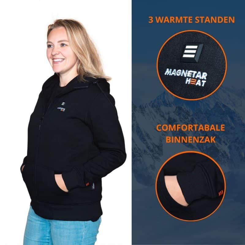 ETNA Verwarmde Hoodie Model Vrouw en Details Magnetar Heat