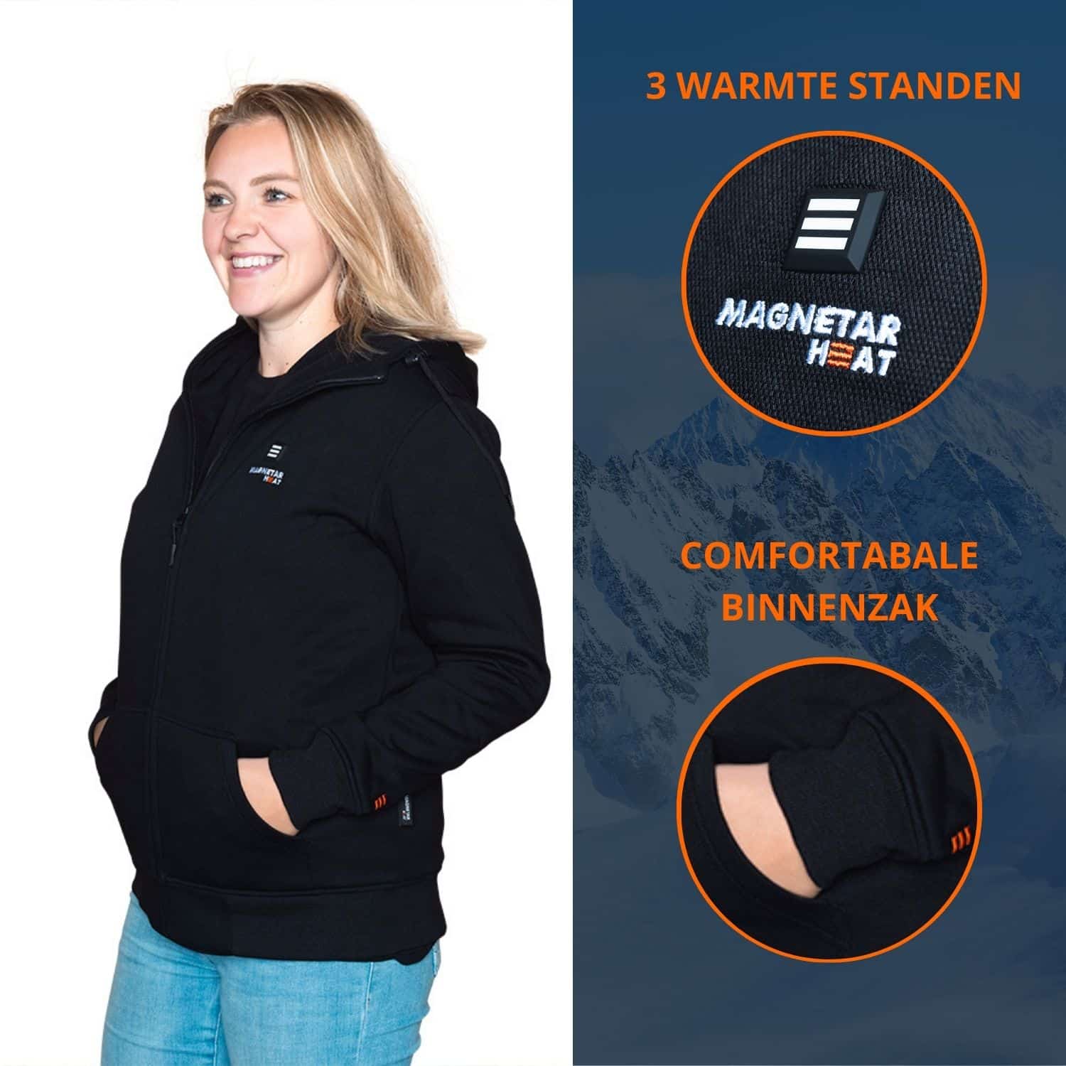Blonde vrouw die een verwarmde vest aanheeft, met rechts daarvan een duidelijk plaatje met de 3 warmte standen, en een close-up plaatje van de comfortabele binnenzak
