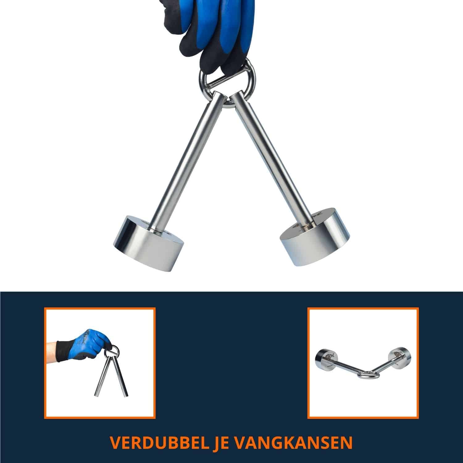 Dubbele vismagneet connector met lange staven en ringverbinding, ontworpen om vangkansen te verdubbelen bij magneetvissen.