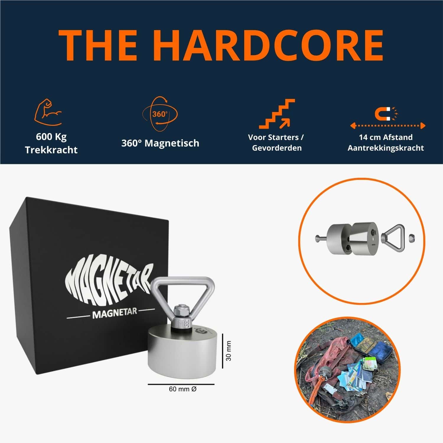The Hardcore, robuuste 360° neodymium vismagneet met 600 kg trekkracht, compact ontwerp met oogbout, ideaal voor starters en gevorderden.