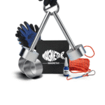 Complete vismagneet set met twee neodymium staven, touw, handschoenen, karabijnhaak en lijm voor magneetvissen.