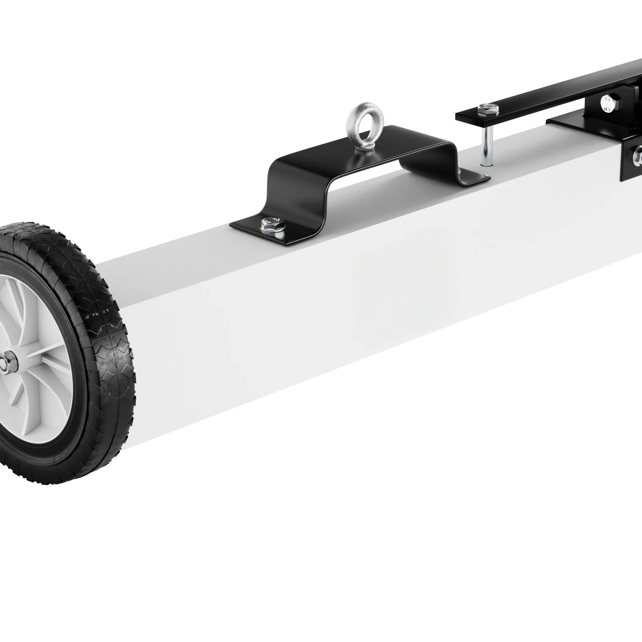 Detailfoto van magnetische terreinbezem met oogbout en wiel, productfoto, voor het verzamelen van metalen met een vorkheftruck