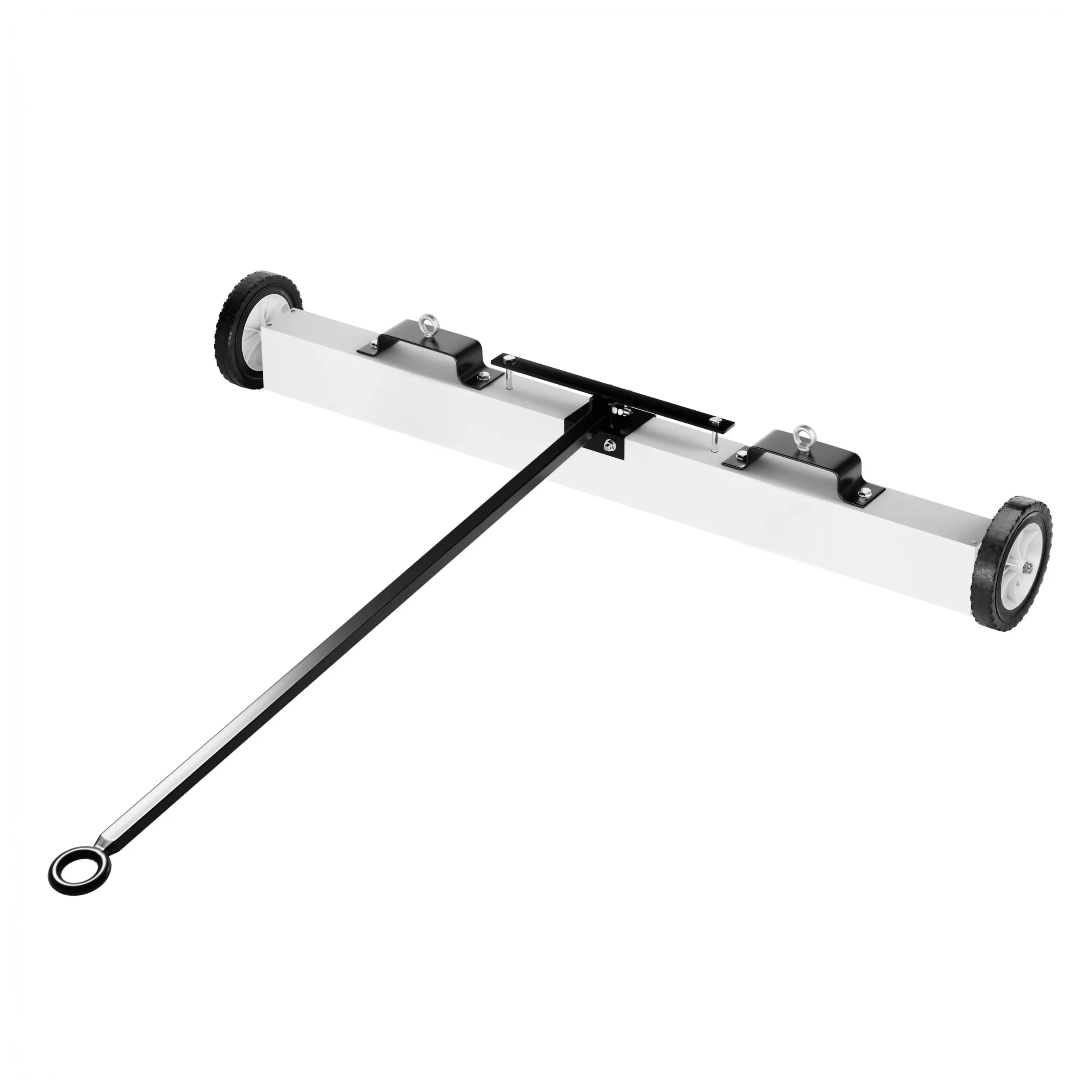 Magnetische terreinbezem met wielen en lange trekstang, productfoto, voor het verzamelen van metaal op bouwplaats en terrein
