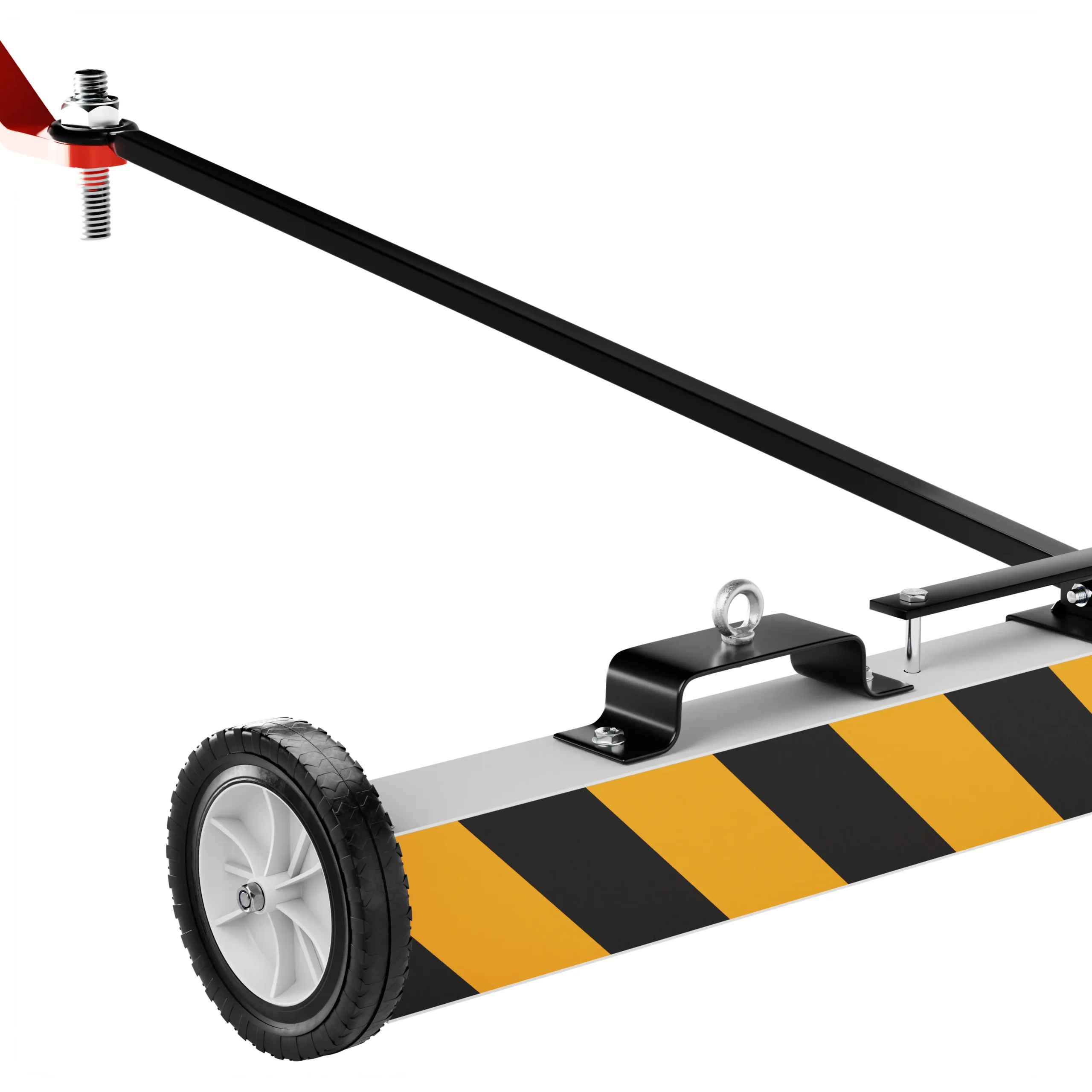 magnetische terreinbezem met wielen en lange hendel, productfoto van magnetische veegbalk voor het oppakken van metaal van de grond.