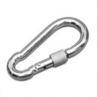 Productfoto van RVS karabijnhaak met schroefsluiting, sterke bevestigingsclip voor vismagneet touwen en magneetvisaccessoires.