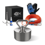 Productfoto van complete 360° Expert vismagneet set met neodymium magneet, dubbelgevlochten touw, waterdichte handschoenen, RVS dreghaak en borglijm voor magneetvissen