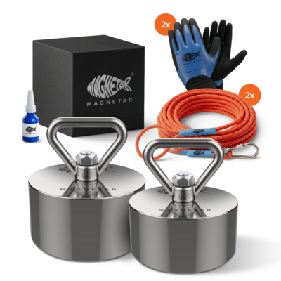 Productfoto van 360° Terror en Beast vismagneet set met twee neodymium magneten, twee touwen, twee paar handschoenen, borglijm en opbergdoos voor magneetvissen