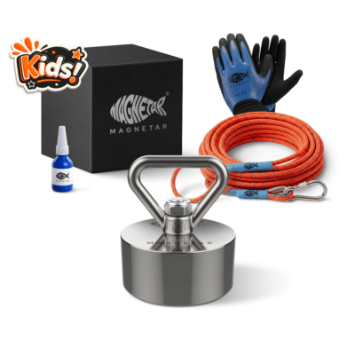 Productfoto van kind vismagneet set met neodymium easy magneet, dubbelgevlochten touw, handschoenen, borglijm en opbergdoos voor magneetvissen.