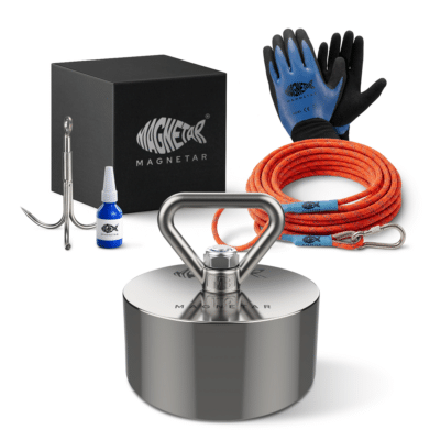 Productfoto van complete Savage vismagneet set met neodymium Barbarian magneet, touw, handschoenen, werphaak en lijm voor magneetvissen buitengebruik