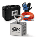 Productfoto van Mega Cube vismagneet set met kubusmagneet, beschermkoffer, touw, handschoenen en RVS oogbout voor magneetvissen.
