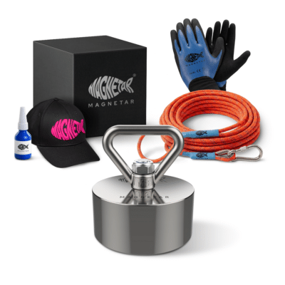 Productfoto van complete vrouwen vismagneet set met neodymium magneet, touw, handschoenen, lijm, pet en opbergdoos voor magneetvissen.