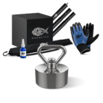 Productfoto van complete vismagneet set met neodymium easy vismagneet, aluminium prikstok, handschoenen, borglijm en opbergdoos voor magneetvissen.