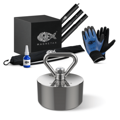 Productfoto van complete prikstok vismagneet set met neodymium magneet, lange jan prikstok, handschoenen, borglijm en opbergdoos voor magneetvissen en metaaldetectie van kleine vondsten