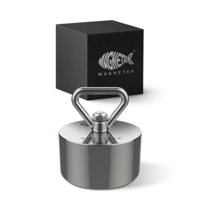 Productfoto van 360° neodymium Beast vismagneet met driehoekige oogbout en opbergdoos, geschikt voor magneetvissen en zware metalen vondsten
