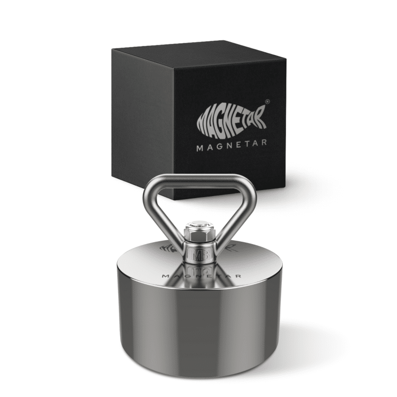 3 Productfoto van 360° neodymium Beast vismagneet met driehoekige oogbout en opbergdoos, geschikt voor magneetvissen en zware metalen vondsten
