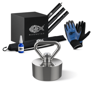 Productfoto van complete vismagneet set met neodymium easy vismagneet, aluminium prikstok, handschoenen, borglijm en opbergdoos voor magneetvissen.