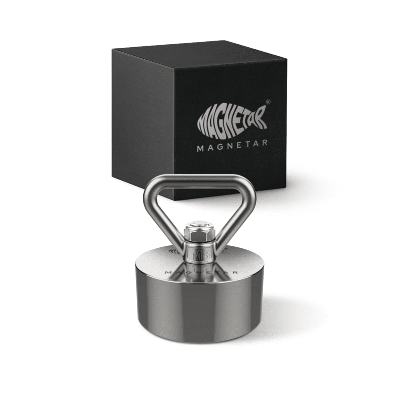 4 Productfoto van neodymium easy vismagneet met driehoekige oogbout en opbergdoos, geschikt voor magneetvissen en metalen vondsten.