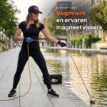 Lifestyle afbeelding van vrouwelijke magneetvisser met Hardcore vismagneet en touw langs een kanaal, geschikt voor beginners en ervaren magneetvissers.