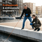Lifestyle afbeelding van magneetvissen aan de kade door volwassene en kind, geschikt voor professionals en enthousiaste beginners.