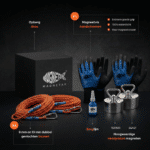 USP-afbeelding van dubbele vismagneet set met Beast en Terror neodymium magneten, twee touwen, twee paar waterdichte handschoenen, borglijm en opbergdoos voor magneetvissen