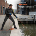 Lifestyle afbeelding van ervaren magneetvisser met 360° Beast vismagneet aan touw, geschikt voor zware vondsten in kanalen en havens