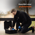Lifestyleafbeelding van Mega Cube vismagneet set met beschermkoffer, touw en handschoenen, geschikt voor professioneel magneetvissen.