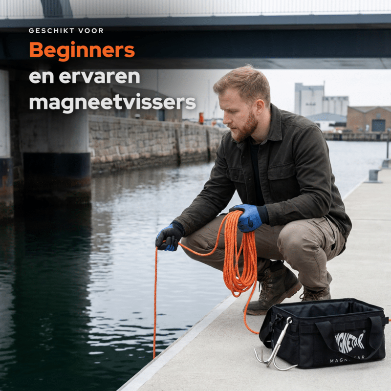 Lifestyle afbeelding van magneetvisser aan de waterkant met Hardcore vismagneet en touw, geschikt voor beginners en ervaren magneetvissers.