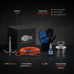 USP-afbeelding van complete Savage vismagneet set met neodymium Barbarian magneet, RVS dreghaak, dubbelgevlochten touw, handschoenen en borglijm voor magneetvissen